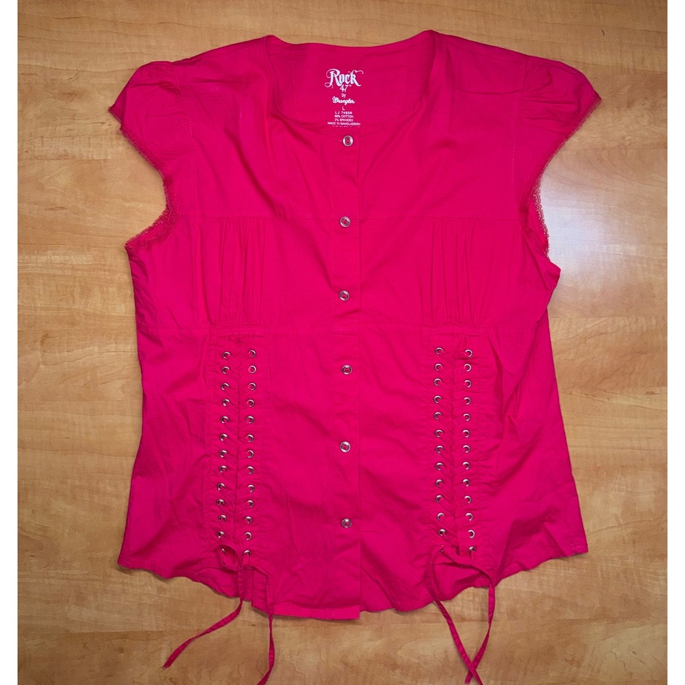 Rock 47 by Wrangler Hot Pink Lace Up Corset Snap Front Cap Sleeve Top Large